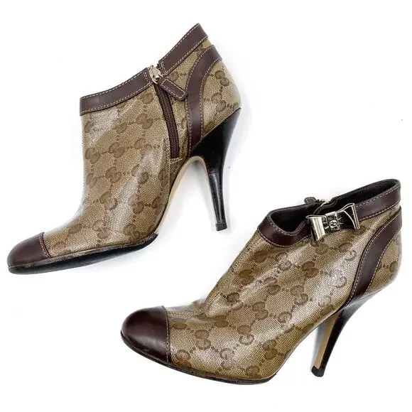 Gucci GG Booties Brown Monogram Patent Stiletto Gold Bow Cap Toe Sz 36 / 6